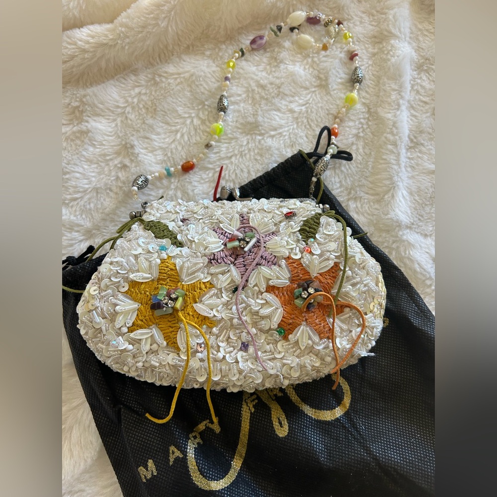 Mary Frances Small White Beaded With Sequins And Leather Bag